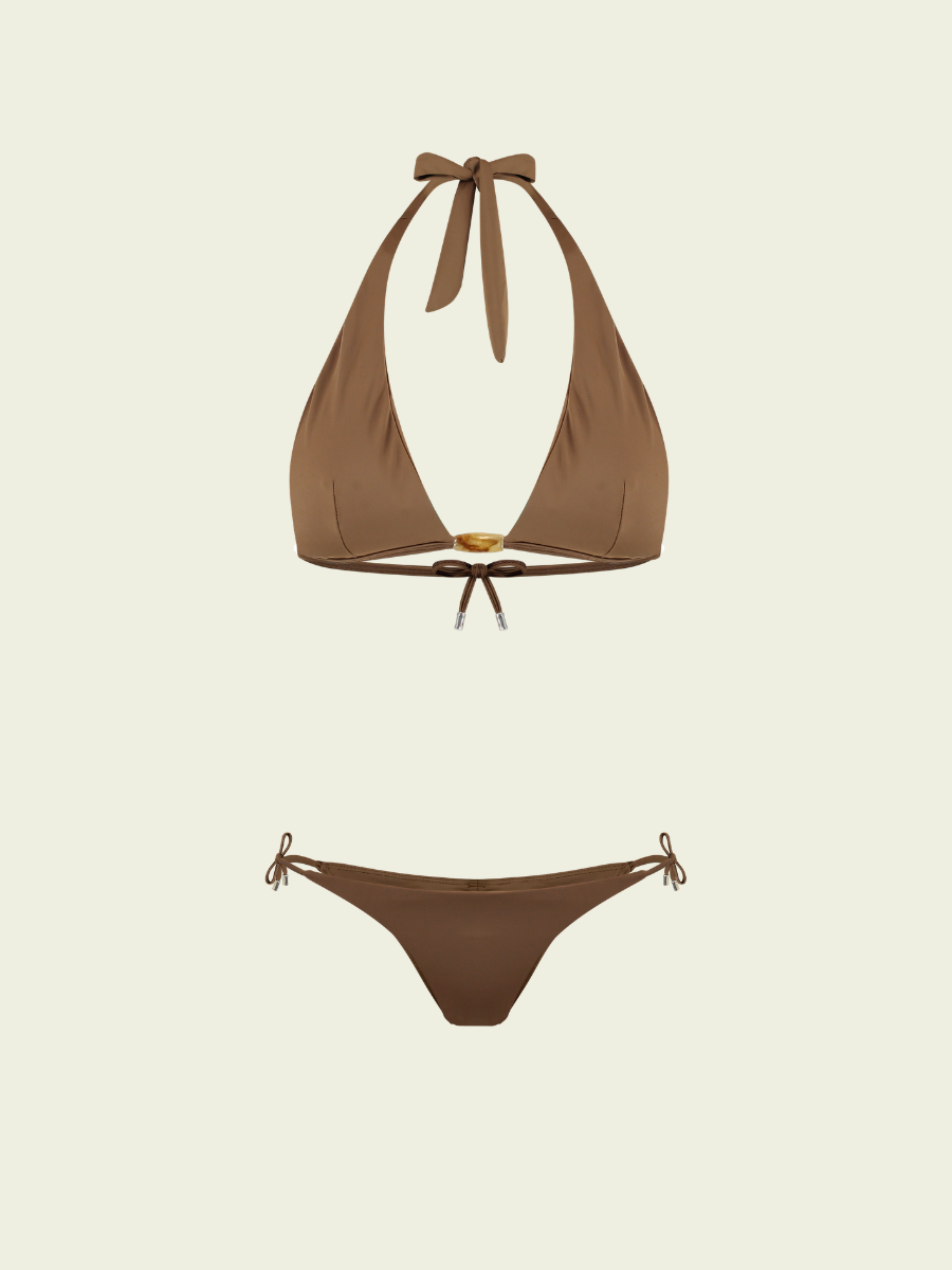 Brown bikini set with halter top and tie sides on a beige background