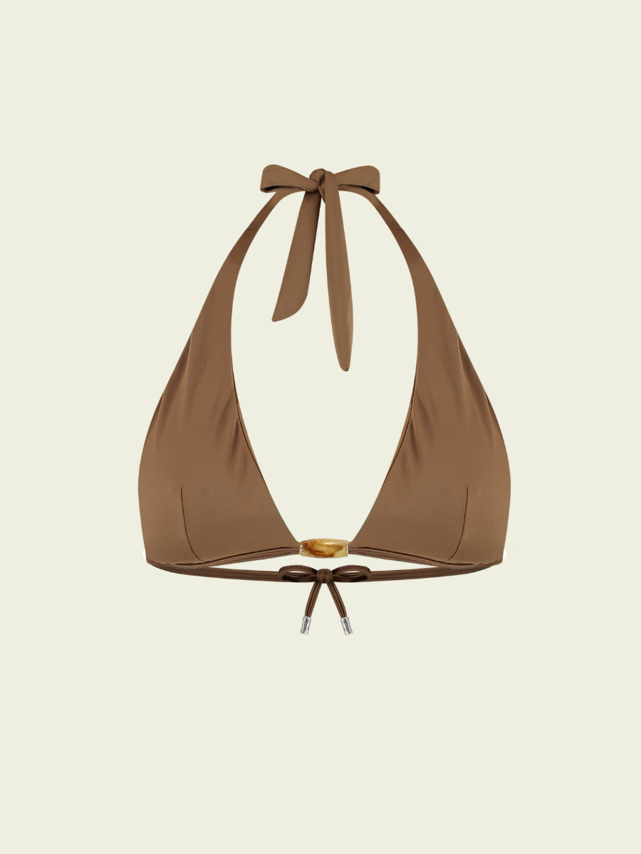 Brown bikini top with halter neck design on a beige background