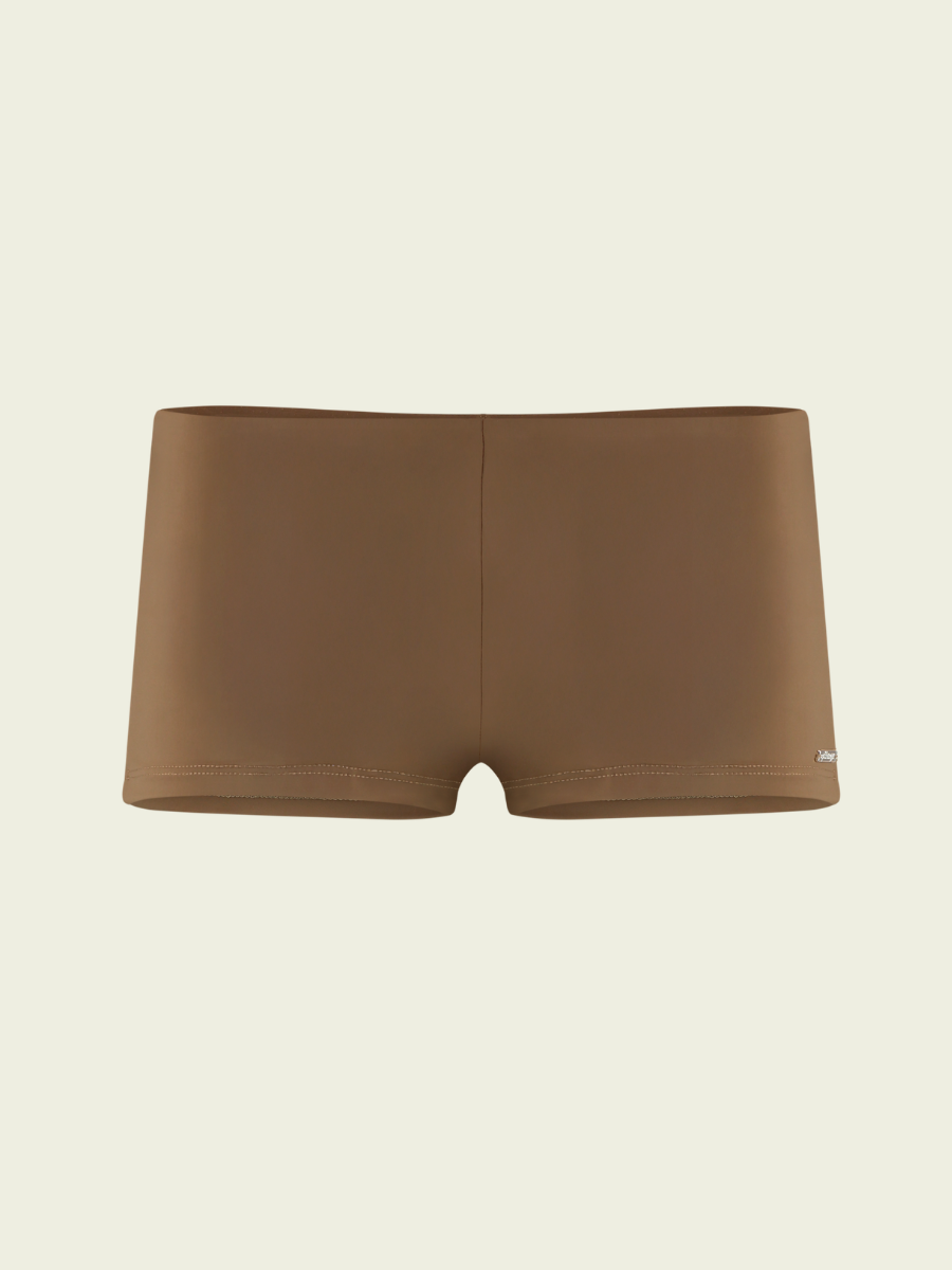 Brown swim briefs on a beige background